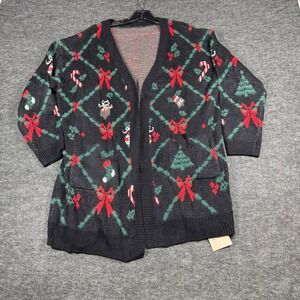 Bloomchic Women's Black Christmas Cardigan Sweater US 12 Holiday Candy Cane Bows